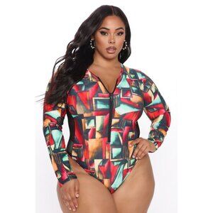 FASHION NOVA NWT Miami Art Long Sleeve One Piece Swimsuit Red Combo Womens Large